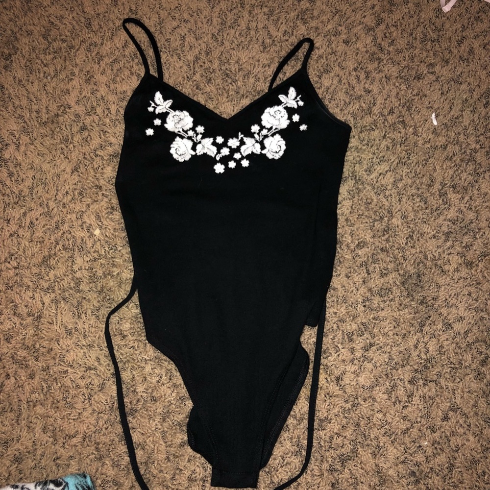 Black Bodysuit with white flower designs